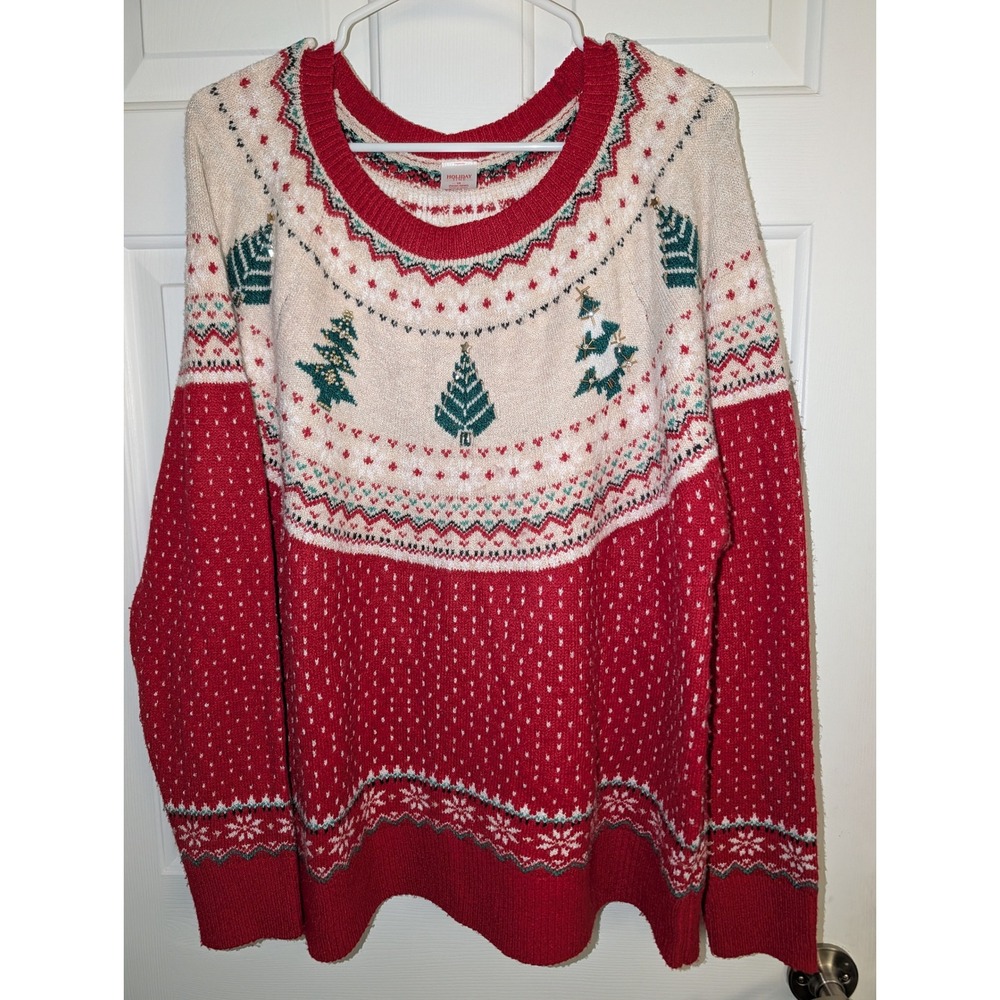 Holiday Time Christmas Fair Isle Sweater Red Cream Trees Sequin Plus Size 1X